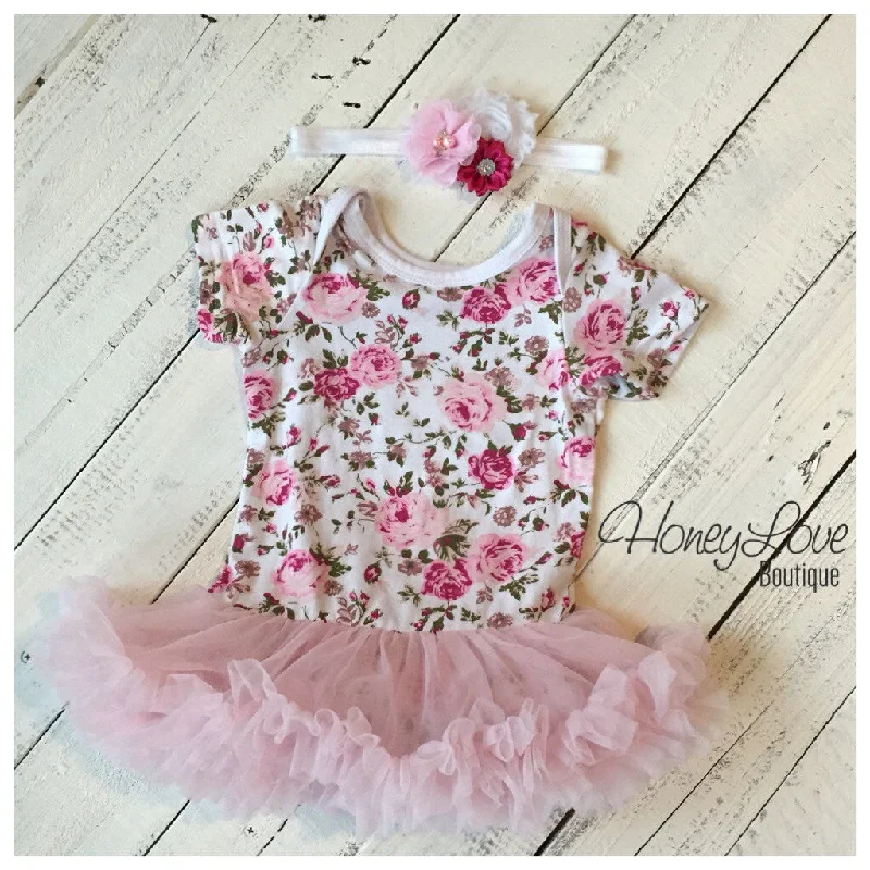 Online Only Floral Bodysuit Tutu Dress with matching headband