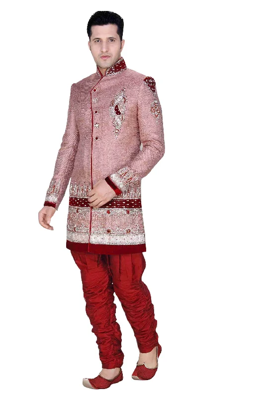 Deal Dash Ethnic Rose Pink Brocade Silk Indian Wedding Sherwani For Men
