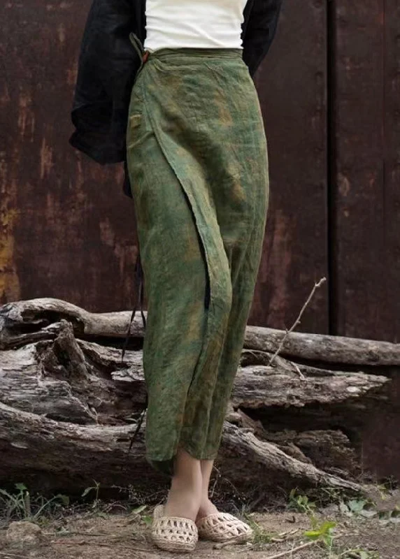 Deal of the Week Art Green Button Lace Up Print Linen Skirts Summer QE018