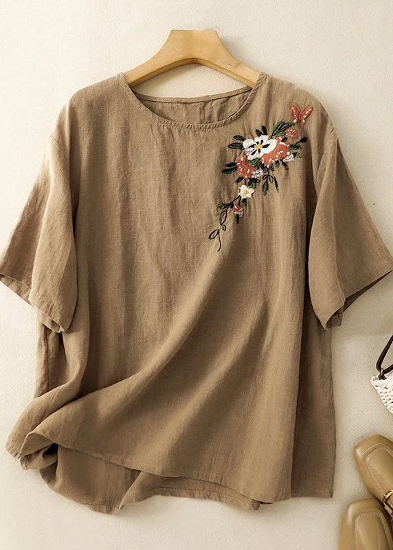 Exclusive Offers Beautiful Khaki O Neck Embroidered Linen T Shirts Summer AM1038