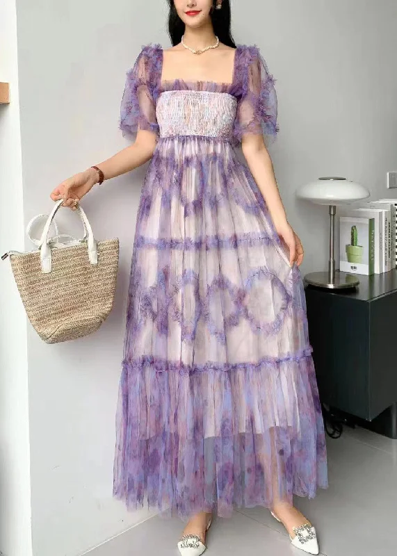 Time-Limited Offer Princess Purple Square Collar Ruffled Print Tulle Long Dress Summer AZ1006 Time-Limited Offer Princess Purple Square Collar Ruffled Print Tulle Long Dress Summer AZ1006