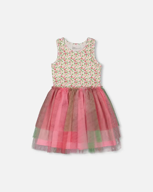 Deal Frenzy Bi-Material Cotton And Mesh Dress Small Flowers And Multicolored Gradient Skirt