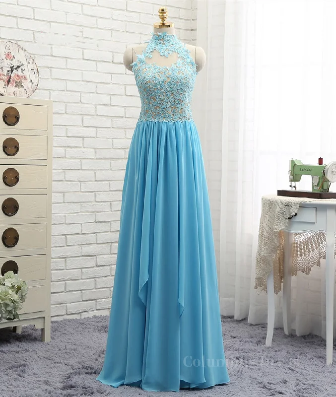 Hurry In A Line High Neck Open Back Lace Chiffon Ruffles Blue Long Corset Prom Dresses, Blue Lace Corset Formal Dresses, Blue Lace Graduation Dresses outfit Hurry In A Line High Neck Open Back Lace Chiffon Ruffles Blue Long Corset Prom Dresses, Blue Lace Corset Formal Dresses, Blue Lace Graduation Dresses outfit