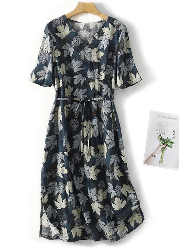 Markdowns Boho Blue V Neck Print Tie Waist Cotton Dress Summer AM1043