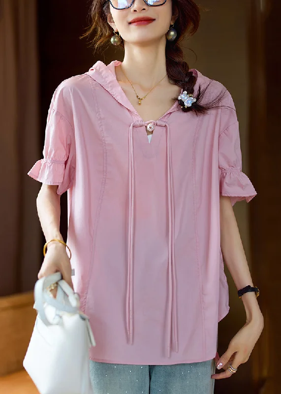 Savings Event Plus Size Pink Hooded Chinese Button Cotton T Shirt Summer AC1018