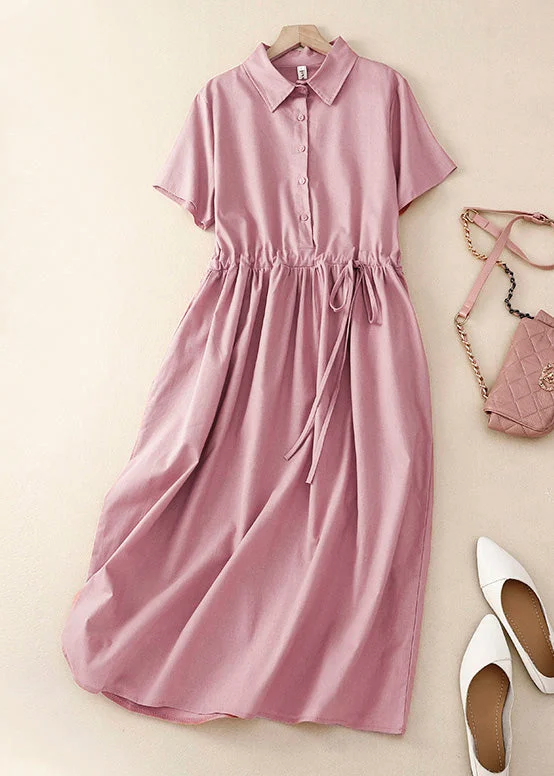 Act Now Women Pink Peter Pan Collar Drawstring Cotton Long Dress Summer AM1062