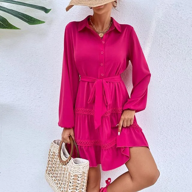 Limited Time Offer Long-Sleeve Collared Plain Tiered Belted Mini A-Line Shirt Dress FR1015 Limited Time Offer Long-Sleeve Collared Plain Tiered Belted Mini A-Line Shirt Dress FR1015