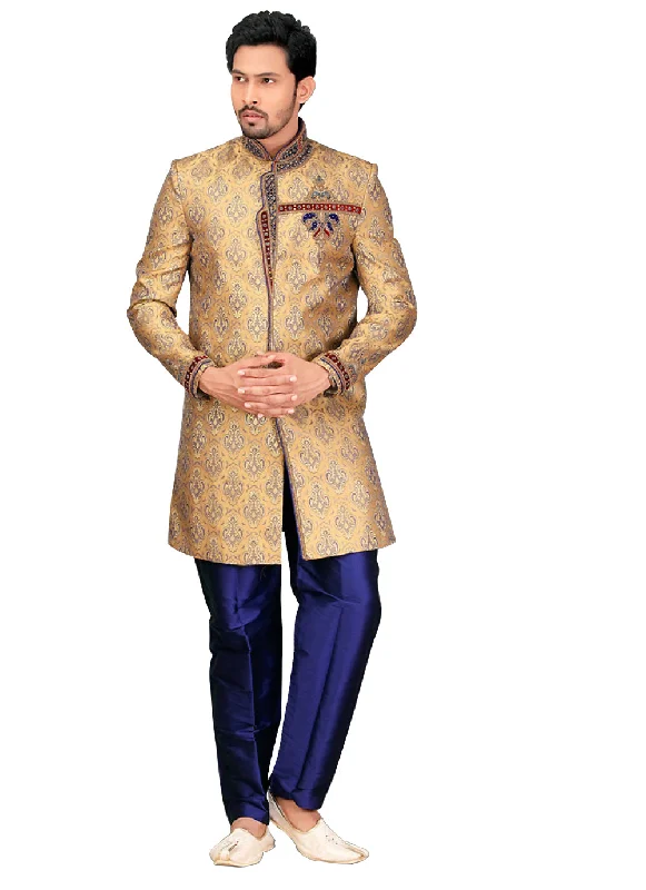 Price Reduction Traditional French Beige Jacquard Silk Indian Wedding Sherwani For Men