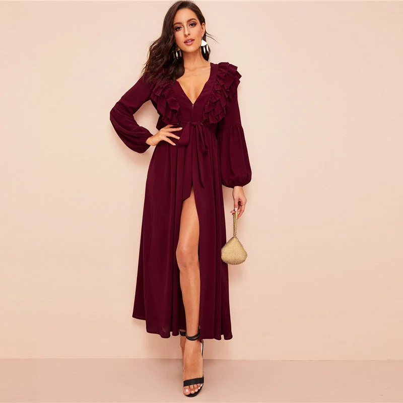 The Best Prices Women's Spring V-Neck Long Dress With Ruffles