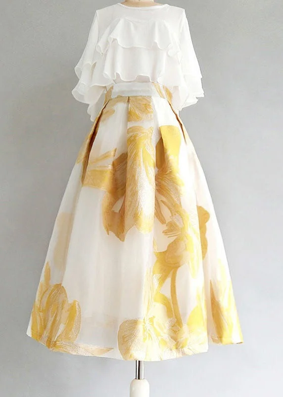Act Now Women Yellow Wrinkled Patchwork Embroidered Tulle Skirt Summer AZ1038