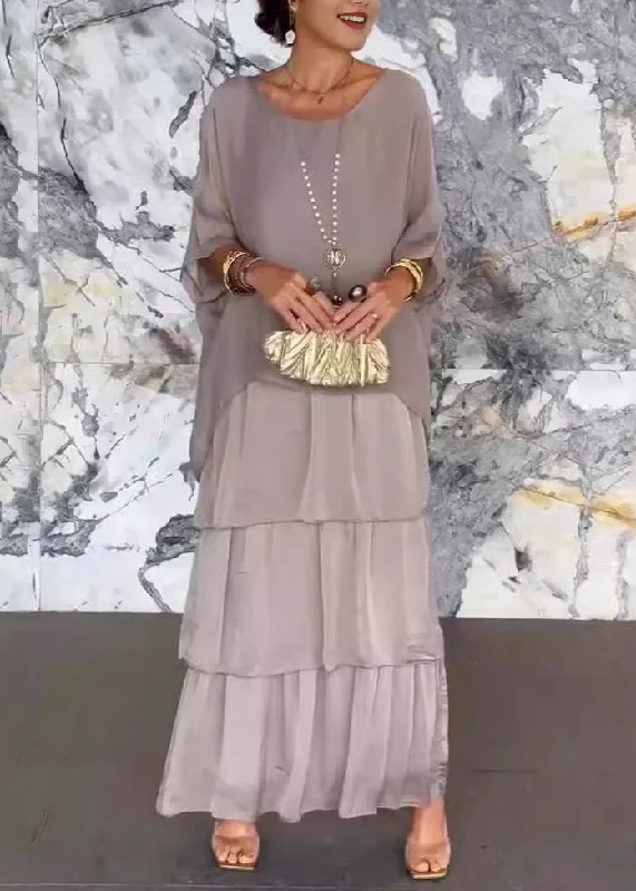 Huge Discounts French Grey O Neck Solid Chiffon Dresses Batwing Sleeve QA022