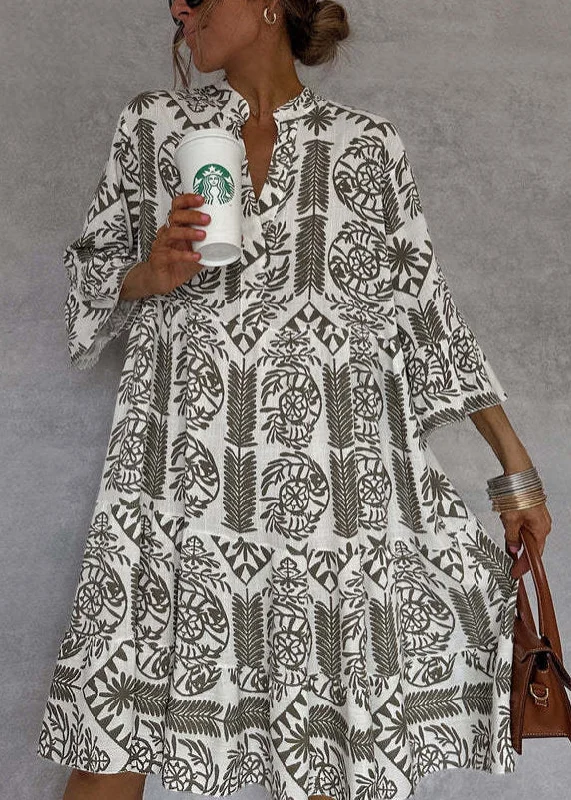 Referral Discount Organic Khaki V Neck Print Cotton Mid Dresses Fall QY040