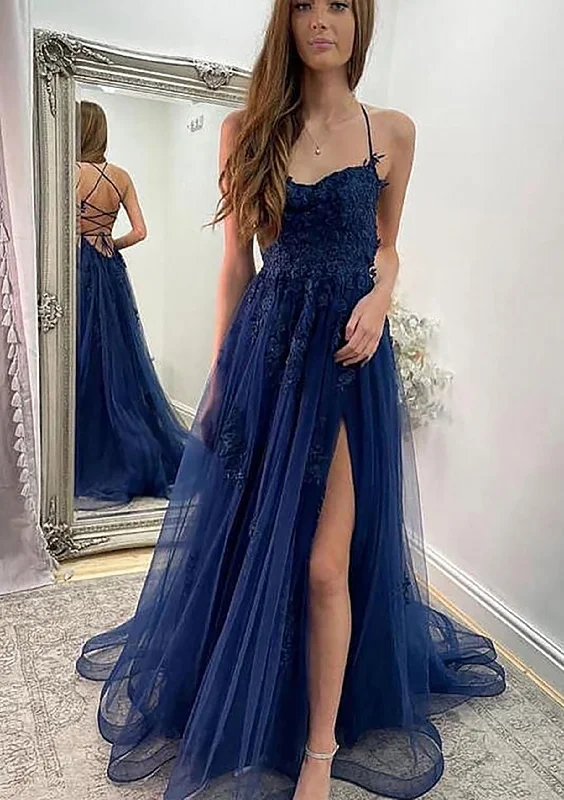 Price Reduction A-line Sweetheart Spaghetti Straps Sweep Train Tulle Corset Prom Dress With Appliqued Split outfit