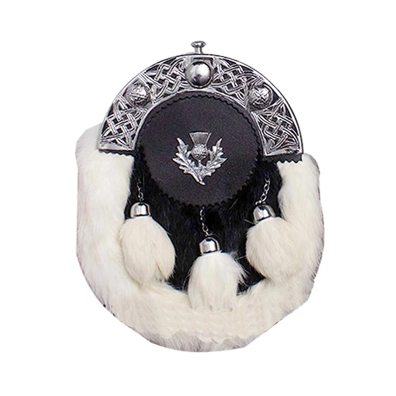 Grand Opening Sale Black or Brown Grained Leather Celtic Sporran White Rabbit Fur Thistle Badge