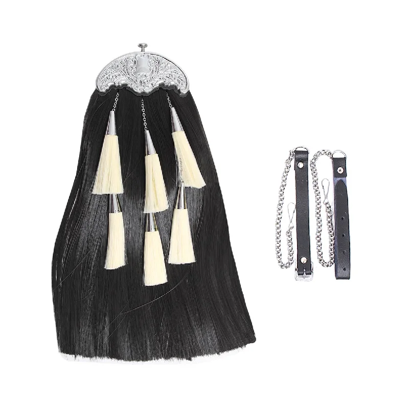 Bonus Savings Synthetic Long Hairs Sporran Black Color Body With 5 White Color Tassels