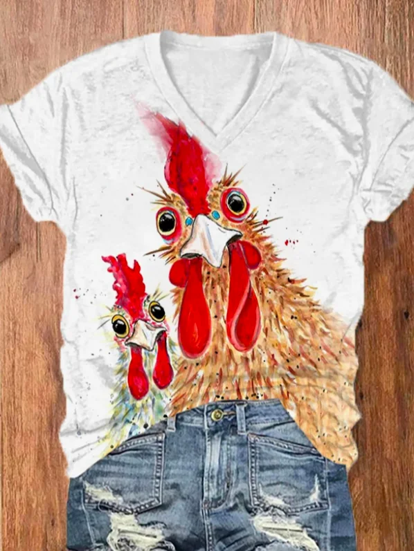 Don't Wait Women's Fun Chicken Print V-Neck Loose V Neck Casual T-Shirt  WS119