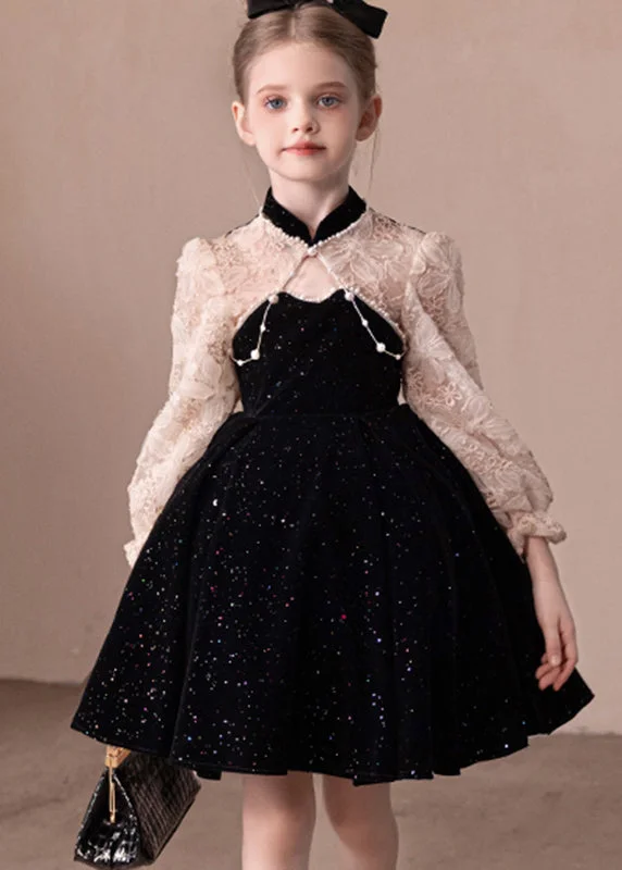 Fantastic Deals Boutique Black Stand Collar Lace Patchwork Kids Party Mid Dress Fall RP039