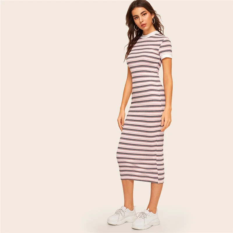 Great Deals Women's Summer Sheath Stretchy O-Neck Striped Dress