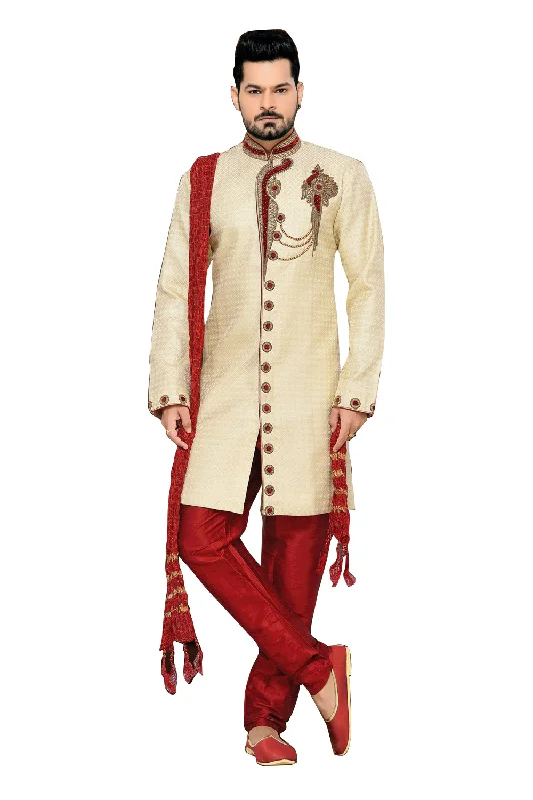 Unbeatable Prices Classic Cream Jacquard Silk Indian Wedding Sherwani For Men