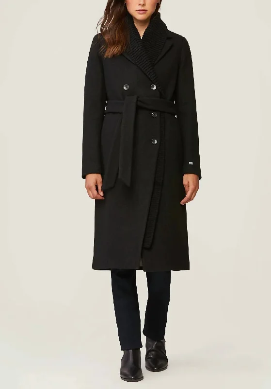 Special Buy Anya Long Wool Coat With Knit Collar In Black