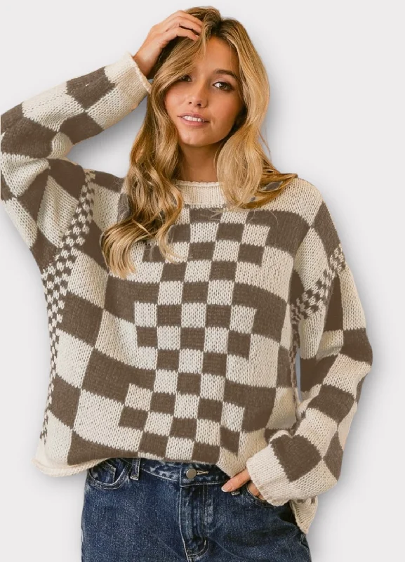 Early Access BiBi Checkered Contrast Chunky Sweater