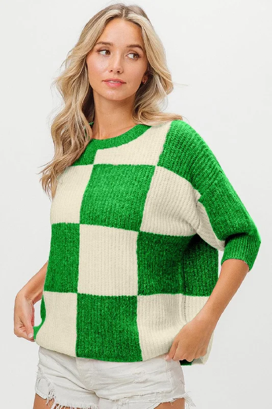 Online Specials BiBi Checkered Contrast Round Neck Sweater