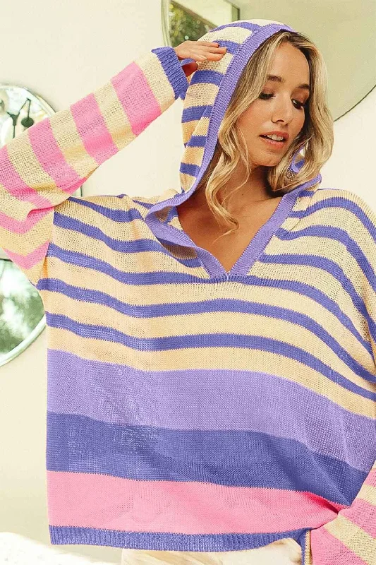 Buy Now BiBi Striped Color Block  Hooded Knit Top