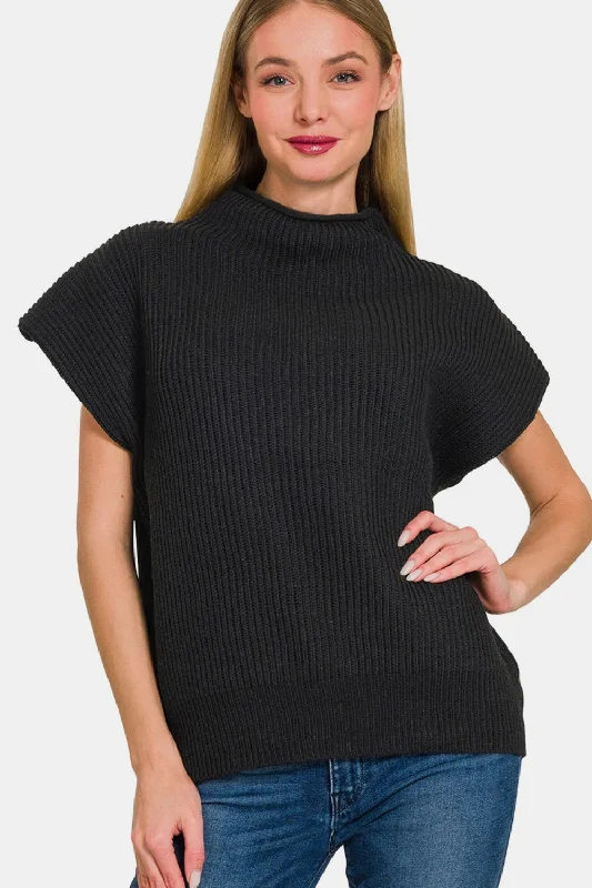 Online Exclusive Black Short Sleeve Mock Neck Sweater
