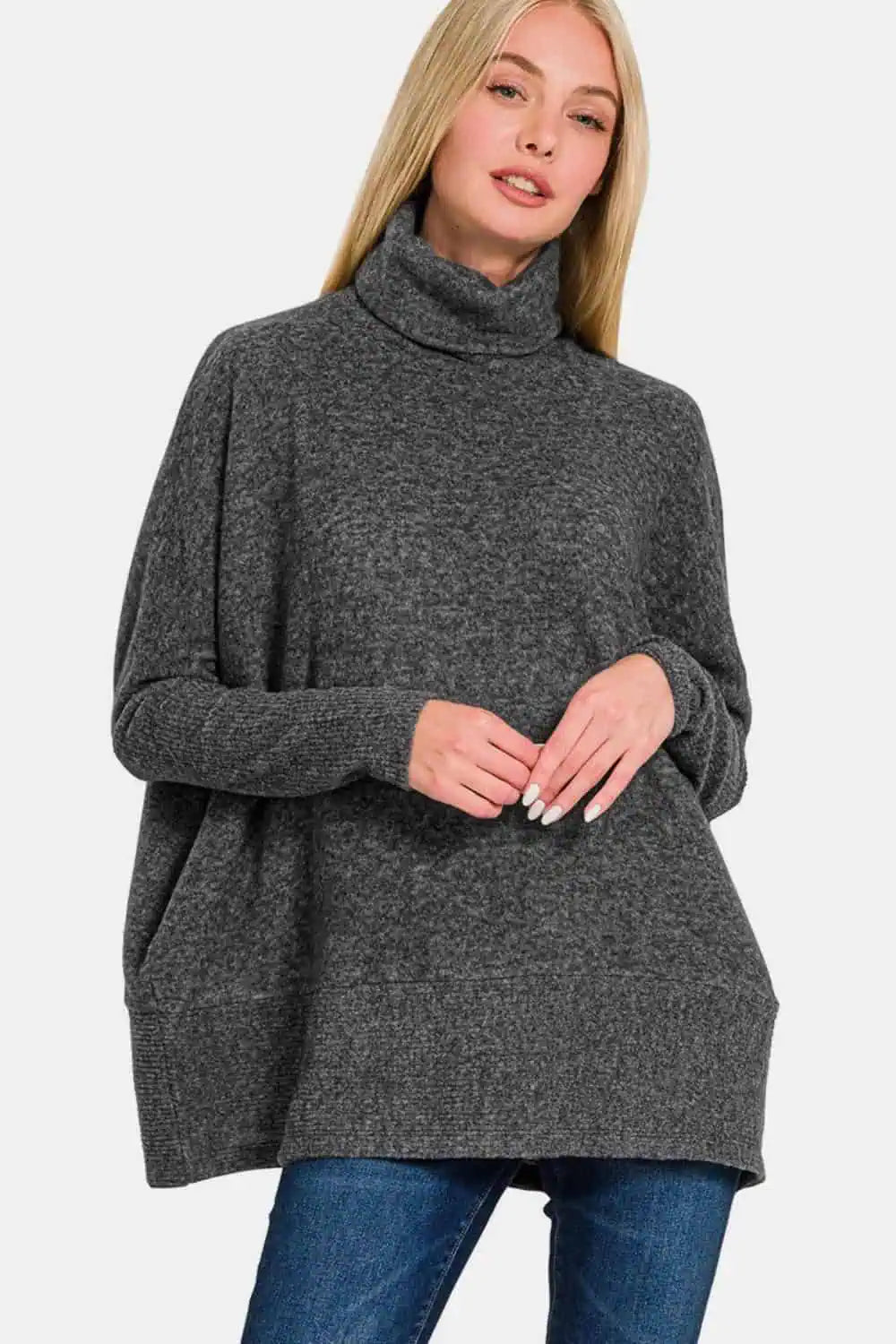 Online Only Brushed Melange Hacci Black Turtleneck Sweater