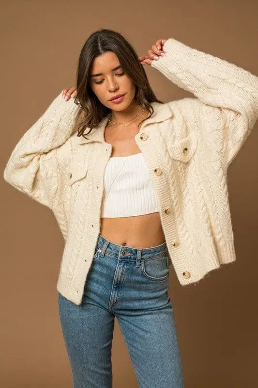 Act Now Collared Cable Sweater Cardigan