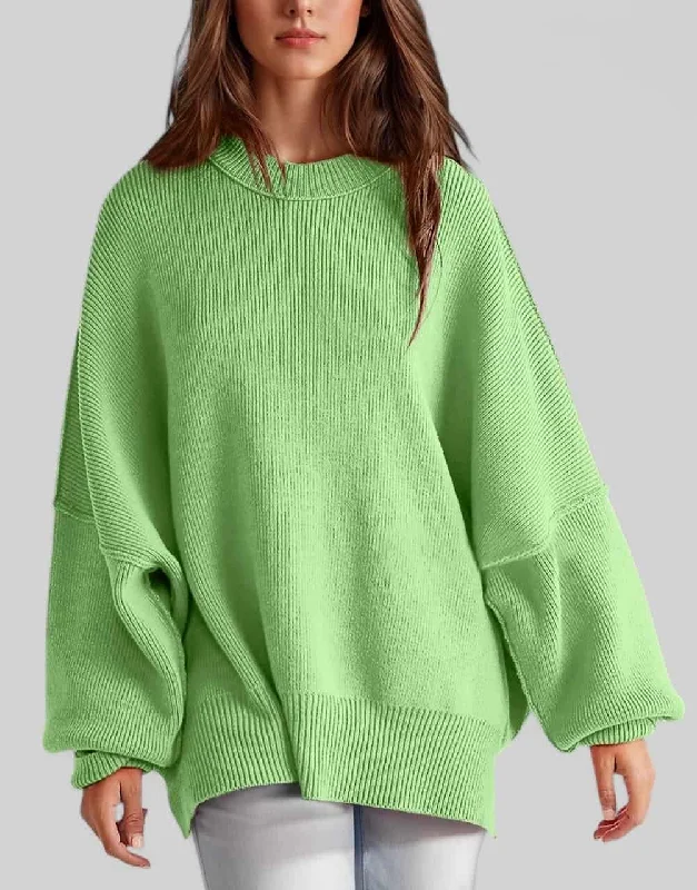 Don't Wait Side Slit Round Neck Long Sleeve Sweater