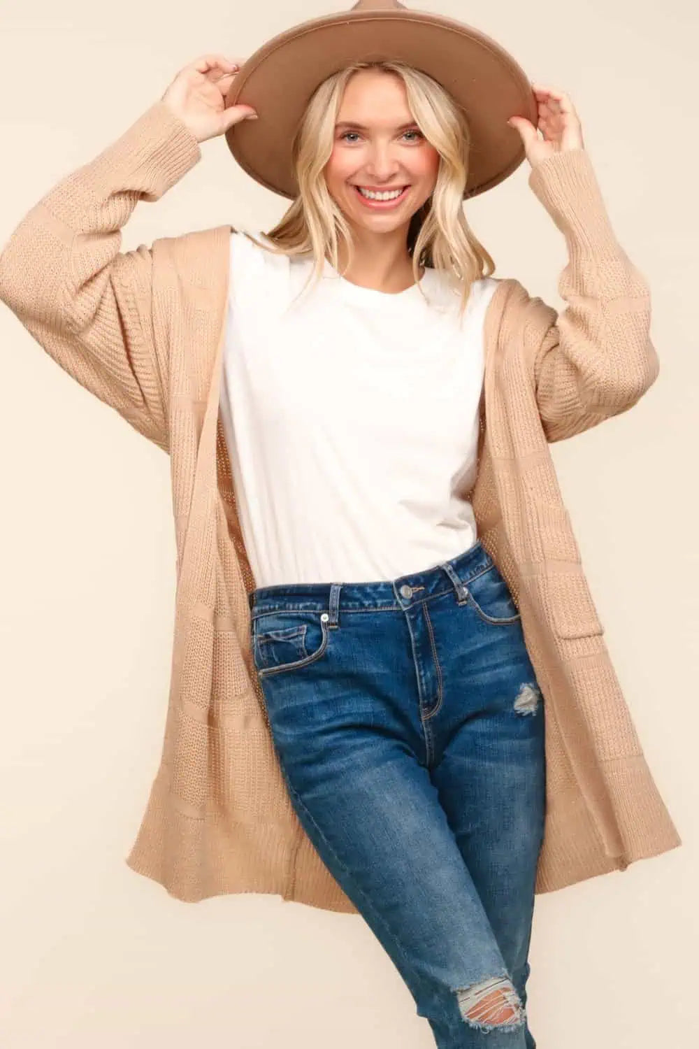 Instant Discount Haptics Stripe Textured Open Front Cardigan with Pockets