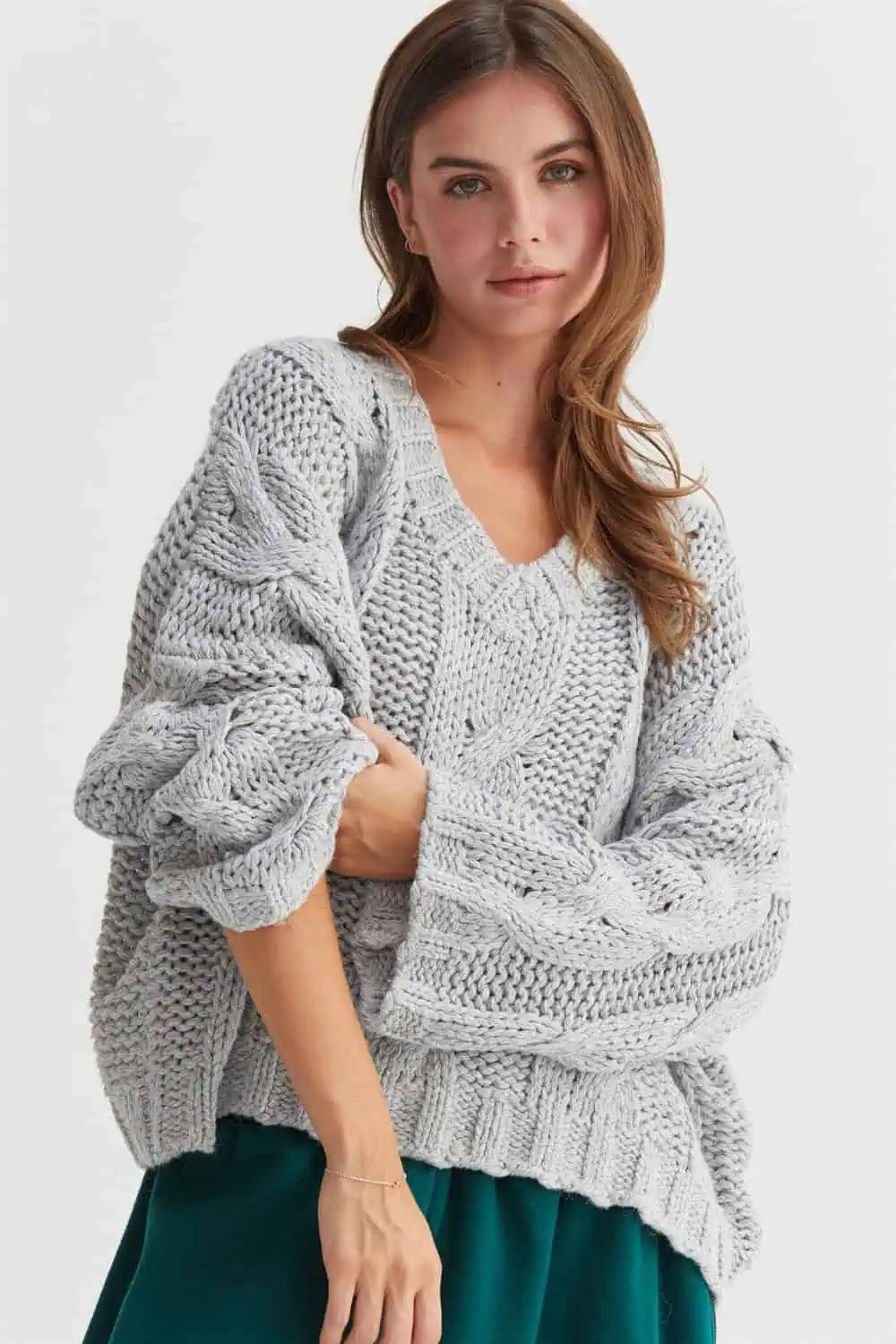 New Deals HYFVE Cable Knit V-Neck Sweater