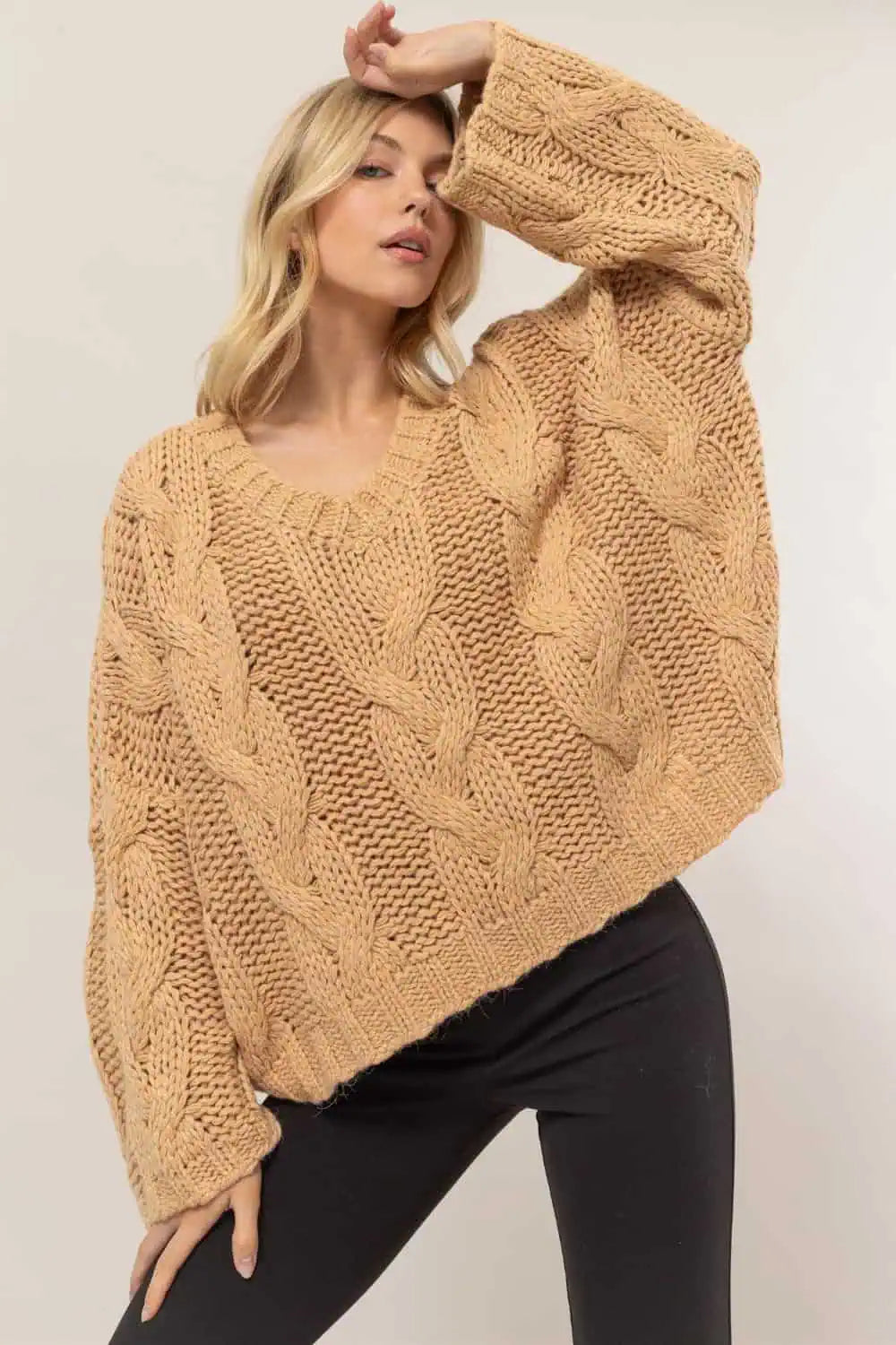 Overstock HYFVE Taupe Cable Knit V-Neck Sweater