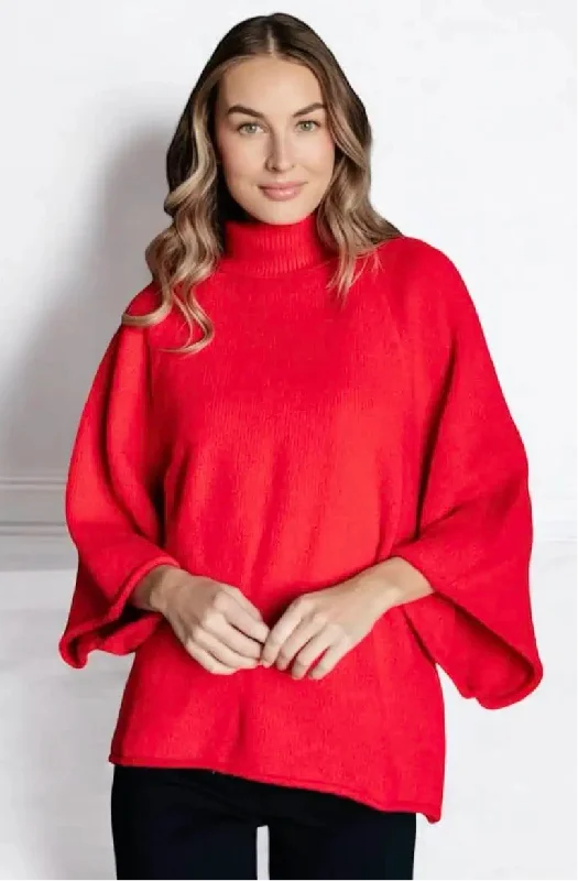 YEAR-End Clearance Jodifl 3/4 Sleeve Red Turtleneck Sweater