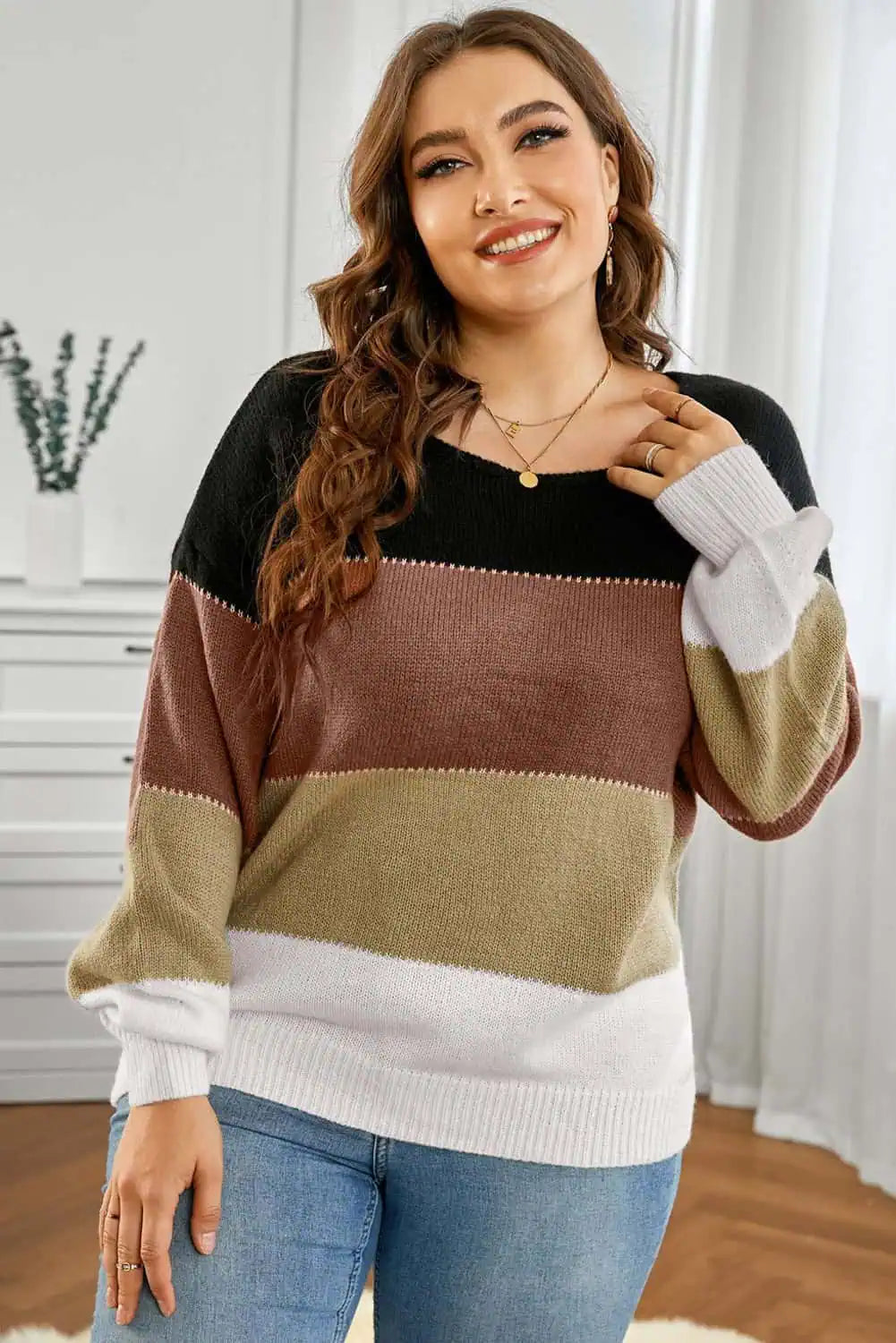 Crazy Savings Plus Size Color Block Round Neck Sweater