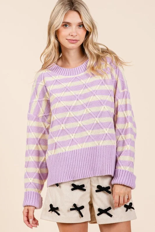 Special Discount Plus Size Loose Fit Striped Argyle Knit Sweater