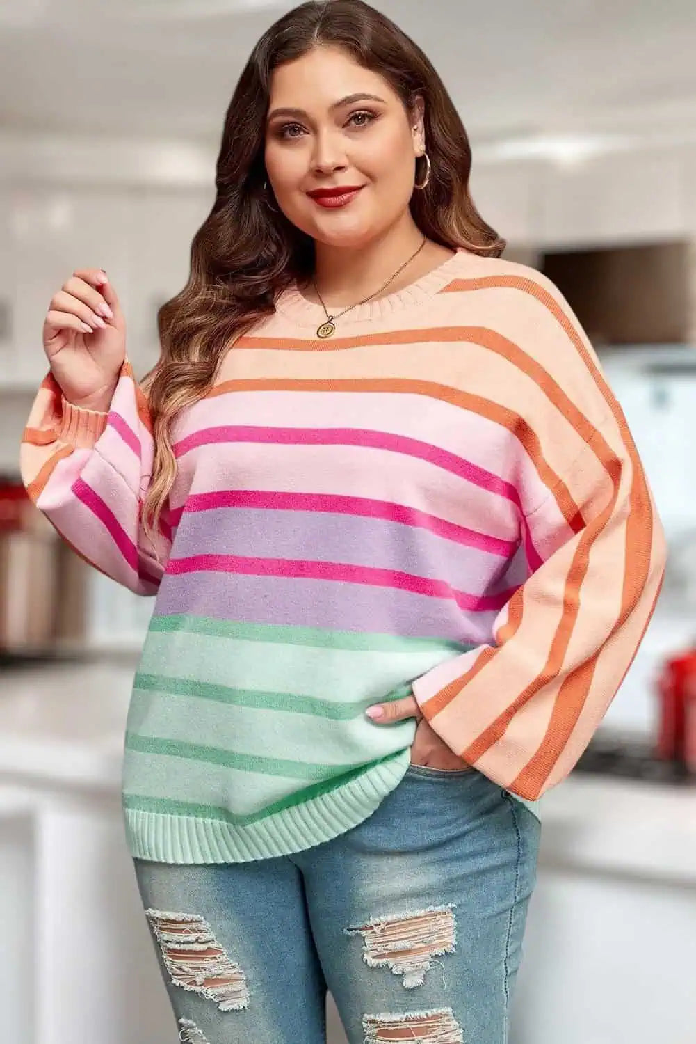 Clearance Items Plus Size Striped Round Neck Long Sleeve Sweater