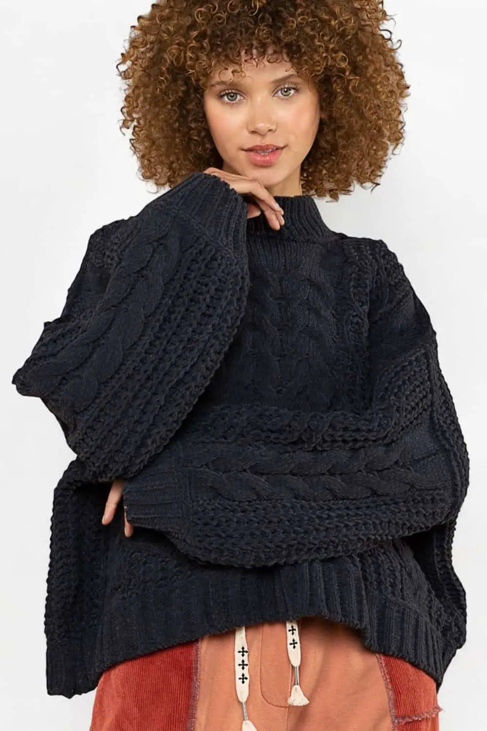 Weekend Deal POL Mock Neck Cable Knit Sweater
