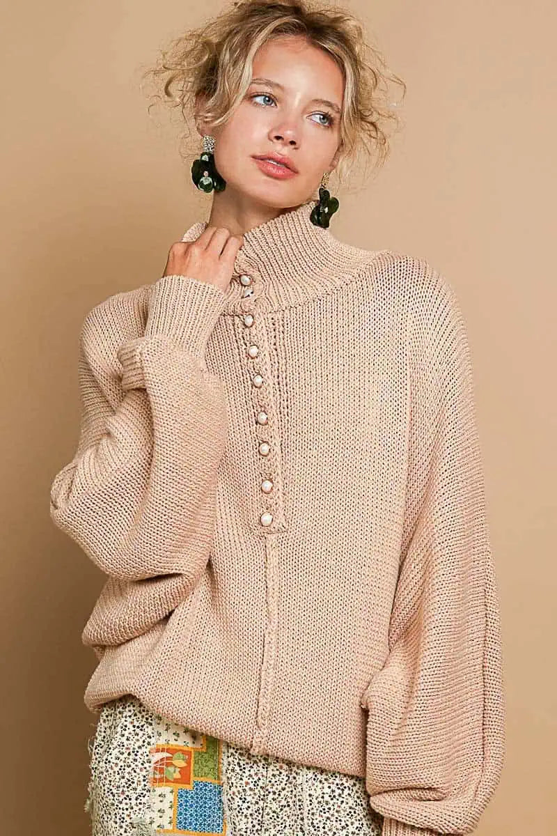 The Best Prices Pearl Detail Turtleneck Long Sleeve Sweater