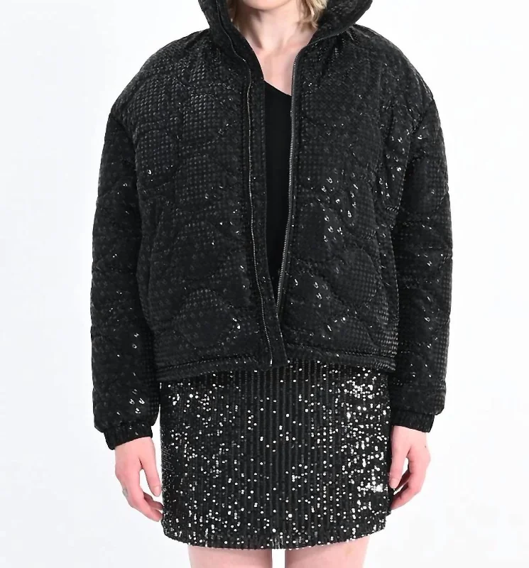 Exclusive Savings Puffer Down Jacket With Houndstooth Pattern In Black  Metallic