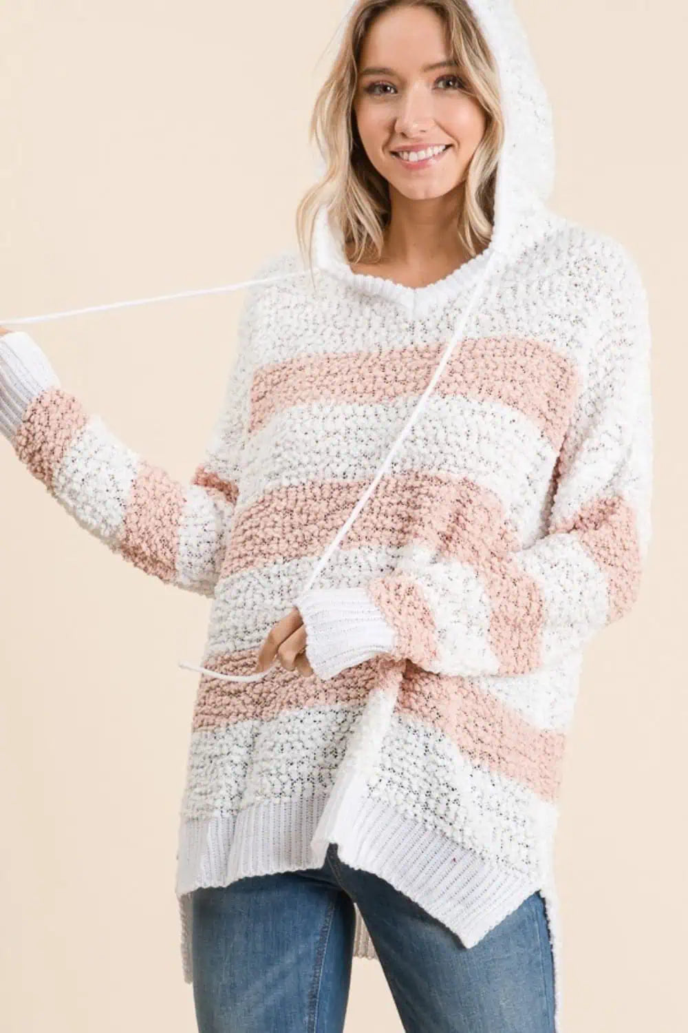 Massive Deals High-Low Striped Popcorn Hoodie Sweater