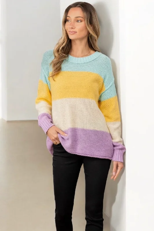 Closeout Sale Full Size Color Block Exposed Seam Sweater