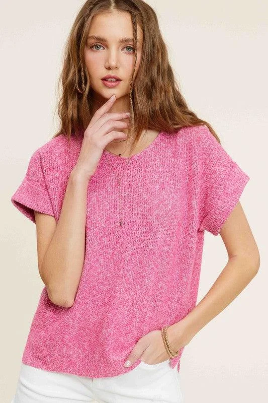 Act Now Soft Lightweight V-Neck Short Sleeve Sweater Top