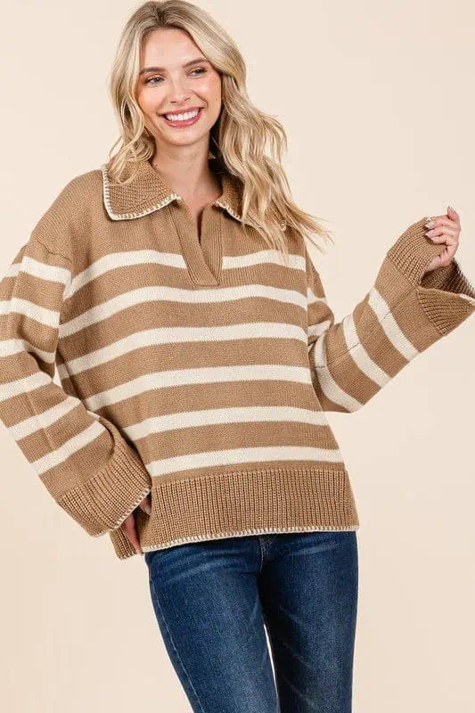 Low Prices Striped Knit Bell Sleeve Sweater