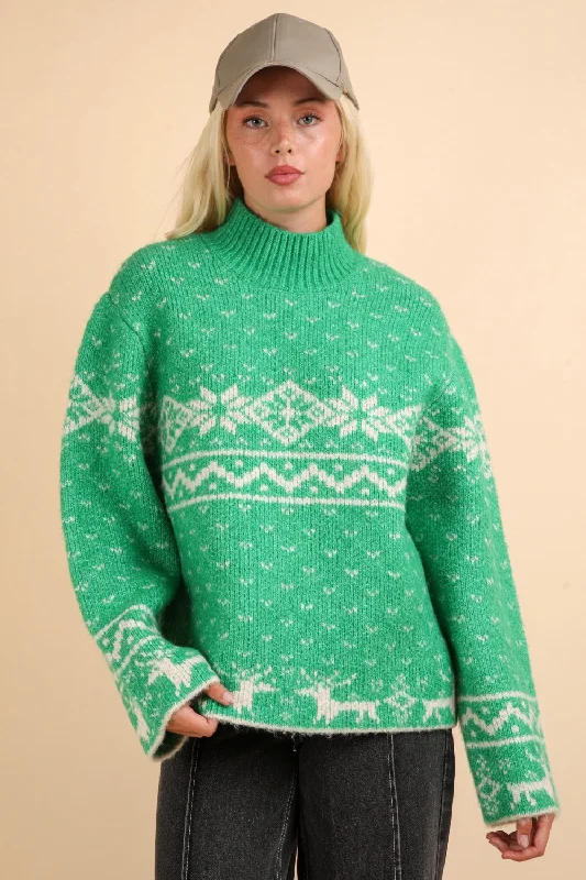 Super Bargain Green Christmas Element Mock Neck Long Sleeve Sweater