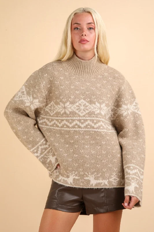 Price Reduction Mocha Christmas Element Mock Neck Long Sleeve Sweater