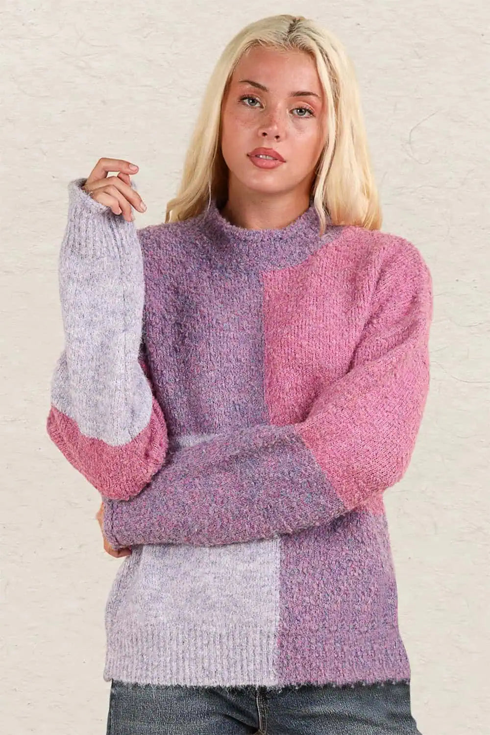 Final Clearance VERY J Color Block Mock Neck Drop Shoulder Sweater