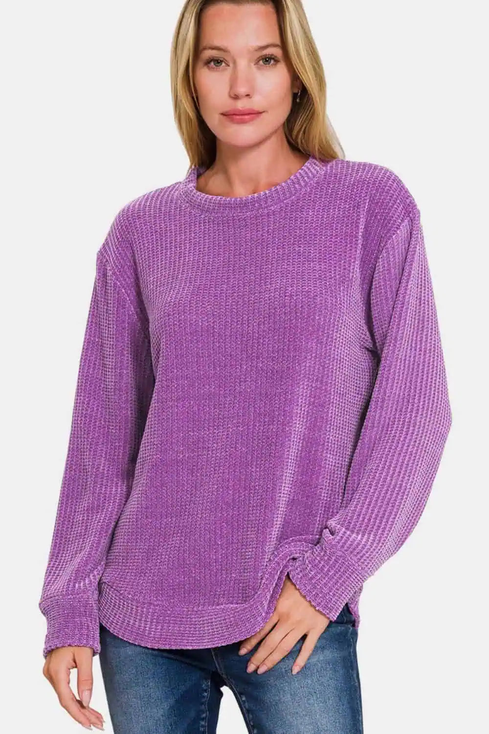 Huge Discounts Violet Chenille Waffle Round Neck Sweater