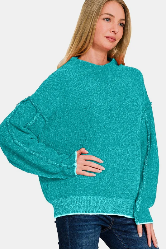Inventory Reduction Exposed Seam Long Sleeve Teal Mock Sweater
